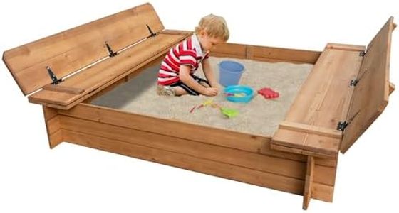 BIRASIL Wood Sandbox with 2 Bench Seats, Sand Boxes with Lid for Kids, Sand Pit with Cover for Outdoor Backyard Patio, 48 Inch