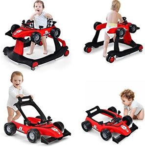 LIFEZEAL 4 in 1 Girello per Bambini 6-18 Mesi, Primi Passi, Baby Walker, Carrellino, Altezza, Velocità Regolabili, Trasformabile, Pieghevole, con Luce, Musica, Imparare a Camminare, Max15 kg, Rosso