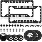 2 Pieces Paw Print License Plate Cover Aluminum Alloy License Plate Covers with 4 Pieces Paw Valve Stem Caps and 2 Pieces Paw mat(Black Frame)