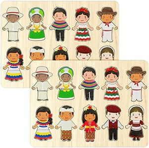 2 Set Wooden Puzzle for Toddlers 1-3 Children of The World Racial Cognition Dress up Peg Puzzle Multicultural Learning Puzzles Interchangeable Puzzle Preschool Learning for Boys Girls