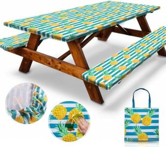 RNOONY 6ft Polyester Picnic Table Cover with Bench Covers and Carrying bag, Elastic all Around,Windproof and Waterproof Picnic Table Covers with Elastic for Camping RV Gear 72x30 Inches 4Pcs