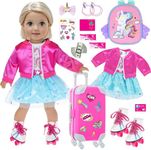 ebuddy 18 inch Doll Clothes and Accessories -Unicorn Luggage Travel Set Includes Suitcase, Backpack, Dress, Coat, Roller Skates, Scrunchie and Boarding Pass Set (No Doll)