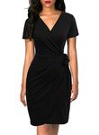 Lyrur Women's Vintage V Neck Draped Pencil Tie Waist Black Faux Wrap Dress Short Sleeves (S, 9069-Black)