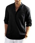 Enlision Mens Black Cotton Linen Shirts Long Sleeve Shirt Button Down Henley Shirts Lightweight Casual Plain Tops for Men XL