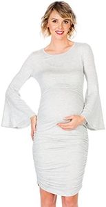 My Bump Women's Maternity Dress - Printed Fitted Stretch Bell Sleeve W/Ruched, Lt Grey Sd, Medium