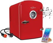 Koolatron 4L 6 Can Portable Mini Fridge with Bluetooth Speaker Compact Personal Cooler Includes Bonus 12V Car Adapter Desktop Accessory for Bedroom Home Office Dorm Travel Cosmetics (Red)