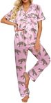 Ekouaer Silk Satin Pajamas Set Floral Print Button Down Pjs Soft Loungewear Pink Leopard Print XX-Large