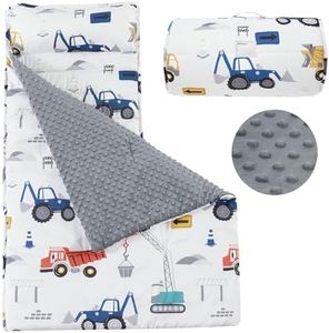 PHF Toddler Nap Mat with Removable Pillow and Minky Fleece Blanket, Rollup Design Warm Slumber Bags for Boys, 52"x20" Kids Sleeping Bag for Daycare Preschool Travel Camping, Truck and Digger