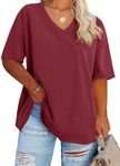 Fisoew Women's Plus Size V Neck T Shirts Summer Half Sleeve Tees Casual Loose Fit Cotton Tunic Tops Wine Red