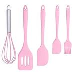 LIYJTK 5 Pack Cooking Silicone Spatula Set, Non-stick Spatula, Small Scraper, Large Scraper, Egg Beater, Kitchen Brush, Heat Resistant Rubber Utensil Set for Cooking(Pink)