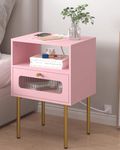 JOONEE Nightstand with Charging Station, Mid Century Modern Bedside Tables with Glass Decorative Door,Small End Side Table with 2 Tiers Storage Space, for Bedroom, Living Room, Pink