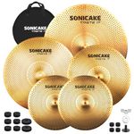 SONICAKE Low Volume Cymbal Pack Quiet Cymbal Set 14" Hi-Hat+16" Crash+18" Crash+20" Ride Cymbal Practice Set of 5pcs Golden with Bag, Accessories
