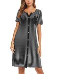 Marvmys Women’s Nightdresses Soft Cotton Nightshirt Stripe Sleep Dress Button-Up V Neck Sleepwear Nightgown Summer Loungwear Black L