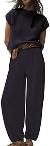 Peaceglad Womens Two Piece Outfits Dressy Business Casual Knit T Shirts and Wide Leg Dress Pants Lounge Sets, Black, Medium