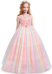 Girls Flower Vintage Lace Princess Long Dress for Kids Tulle Pageant Formal Party Wedding Floor Dance Evening Gown, Rainbow, 4-5 Years