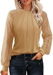 HOTOUCH Women Casual Boho Blouse Fashion Lace Long Sleeve Shirts Round Neck Lightweight Fall Tops 2024 Camel