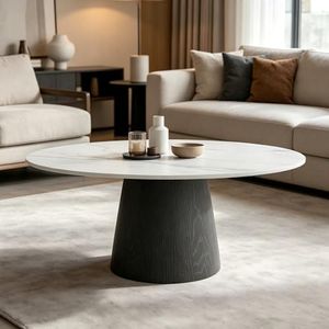 Ownkoti Modern Round Coffee Table Stone Top, 41.7" Solid Wood Pedestal Base Sintered Stone Tabletop, Snowy White+Black