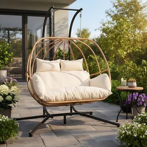 DAYAOUTDOOR Double Egg Swing Chair with Stand, Extra Large 2-Person Egg Chairs Indoor Outdoor, Hanging Egg Chair with Cushions, Double Swing Hammock Egg Chairs for Patio, Porch, Garden, Beige