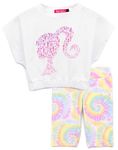 Barbie T-Shirt Cycle Shorts Set for Girls | Kids Logo with Tie Dye Colour Bottoms | Elasticated Top and Waistband 5-6 Years White