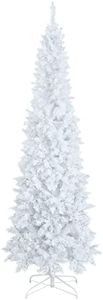 DORTALA Pre-lit Christmas Tree, 7FT Pencil Artificial Slim Xmas Tree with 800 Branch Tips, 300 Warm White LED Lights, 8 Lighting Modes, White