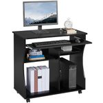 Yaheetech Movable Computer Office Desk PC Laptop Table Home Office Furniture with Sliding Keyboard 2 Shelves Study Workstation on Wheels Black 80.1x48.1x76.2cm