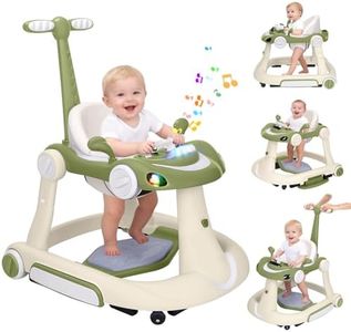 Baby Walker, 4-in-1 Baby Walker with Wheels Portable, Foldable Infant Toddler Walker for Boys Girls 6-18 Month,Removable Footrest,Car Steering Wheel & Music, Adjustable Push Walker Pink, Bean Green