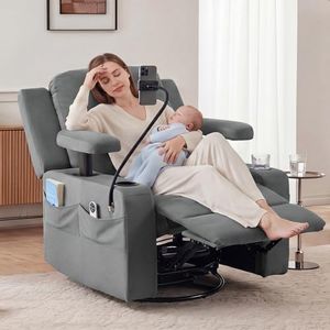 Furnimart Power Rocking Chair Nursery with Adjustable Armrests, Triple Motor Glider Recliner Swivel Nursing Chair for Breastfeeding with Phone Holder, Side Storage, Soft Waterproof Fabric, Dark Grey