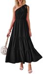 PRETTYGARDEN Women's Floral Maxi Dress 2024 Knot One Shoulder Sleeveless Ruffle Hem Flowy Boho Dresses (Solid Black,Large)