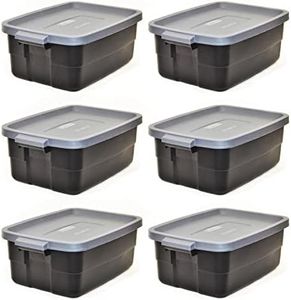 Rubbermaid Roughneck Tote 3 Gal, 6 Pack, Made in USA, Black & Gray, Rugged Plastic Stackable Storage Bins with Lids and Handles