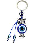 LUCKBOOSTIUM - Owl Charm with Blue Lucky Eye Glass Body with 3 Lucky Evil Eye Beads on a Keychain, The owl is a Symbol of Wisdom, Truth, Patience, for Car, Home, Office, Great Gift, 1.5” x 4.5”