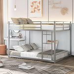 Olela Full Over Full Bunk Beds for Kids,Floor Bunk Bed for Boys Girls Teens Adults,Low Metal Bed Frame with Ladder (Silver-Bunk Bed)