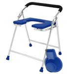 NEOSAFE Heavy Duty Folding Stainless Steel Shower Bathing Room Mobile Commode Mini Chair Indian Toilet Seat For Elderly Disabled Men and Pregant Women Support (Blue)