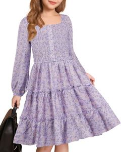 GRACE KARIN Girls Purple Fall Long Sleeve Floral Christmas Dress Size 10-14