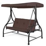 COSTWAY 3 Seater Garden Swing Chair, Convertible Outdoor Hammock Bench Chair with Adjustable Canopy and Cushions, Steel Frame Porch Patio Swing Seat Lounger for Balcony, Deck and Poolside (Brown)