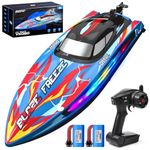 DEERC Fast RC Boat for Pool & Lake with LED Light, 20+MPH, 40+ Mins, Self Righting Remote Control Racing Speed Boat for Kids, 2.4Ghz Summer Water Toy Gift
