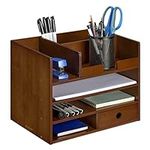 Navaris Bamboo Desk Organiser - Wood Desktop Storage Drawers and Compartments for Organising Stationery Documents Files Office Accessories - Brown