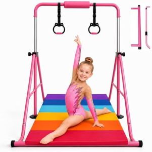 Folding Gymnastics Bar with Mat for Kids, Home Gymnastics Equipment, Pink | ASTM Certified, Adjustable 35"-51", Sturdy 150 lbs, Easy Setup, Gymnastics Equipment for Kids Ages 3-12, Indoor/Outdoor