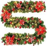 Pre-lit Artificial Christmas Garland, Green Rattan with Red Flower Decorations and Battery Operated LED Lights for Indoor Outdoor Xmas Decor Holiday Decorations -9Ft