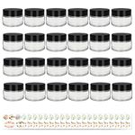 24 Pack 1oz Clear Round Glass Jars, 30 g Empty Cosmetic Containers with Inner Liners, black Lids and Glass Sample Jars with labels For Slime, Beauty Products, Cosmetic, Lotion，Powders and Ointments