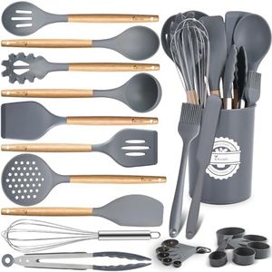 Kikcoin 33 PCS Silicone Cooking Utensils Set, Wood Handle Kitchen Utensils Set with Holder, Spatulas Silicone Heat Resistant Cooking Gadgets for Nonstick Cookware, Grey