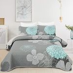 Green Floral Quilt Set Queen Size Grey Boho Bedspread Summer Quilt 3 Pieces Coverlet Soft Lightweight Bed Cover with 2 PillowShams(96"x90")