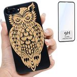 iProductsUS Wood Phone Case Compatible with iPhone 8 Plus, 7 Plus, 6 Plus, 6S Plus and Screen Protector, Black Bamboo Cases Engraving Cool Owl, Built-in Metal Plate, TPU Protective Cover (5.5 inch)