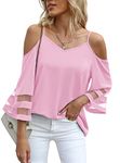 Jouica Ladies Tops Mesh Panel 3/4 Bell Sleeve Blouse Floral Summer Shirts Chiffon Blouses for Women,01Light Pink,Large