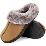 HomeTop Women's Classic Microsuede Memory Foam Slippers Durable Rubber Sole with Warm Faux Fur Collar (7-8, Classic Tan)