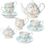 MOSTDEN Fine China 15-Piece Coffee Cup/Tea Cup Set,1 Teapot 1 Sugar Bowl 1 Cream Pitcher, 4 Cups And Saucers,4 Teaspoons Garden Series White-Blue (15 pack)