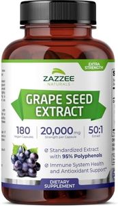 Zazzee High Strength Grape Seed 50:1 Extract, 20,000 mg Strength, 180 Vegan Capsules, 95% Polyphenols, 400 mg per Capsule, 6 Month Supply, Standardized 50X Extract, Non-GMO, Made in The USA