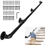 Lechansen 3M/10FT Stairs Handrail, Black Metal Wall Balustrade Non-Slip Industrial Iron Pipe Hand Railing, Wall Mount Support Step Baluster for Indoor Outdoor Stairs Hospitals Bathrooms Yards