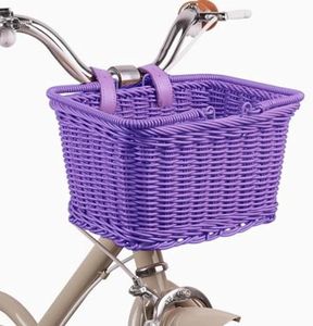 Tailcle Basket for Girls Bike, Kids Bike Basket Front Cute Square Wicker Bicycle Basket for Boys Girls, Detachable Handlebar Scooter Bike Tricycle Small Basket with Adjustable Leather Straps Purple