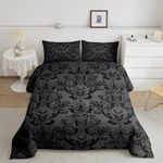 Feelyou Adults Black Damask Comforter Set Antique Victorian Baroque Comforter Full Size, Gothic Vintage Floral Flower Bedding Set Gothic Skull Duvet Set Quilt Set 3Pcs