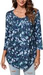 Enmain Womens Tunic Tops 3/4 Long Sleeve Casual Tunics for Ladies Loose V-Neck Pleated Blouses Shirts Blue M